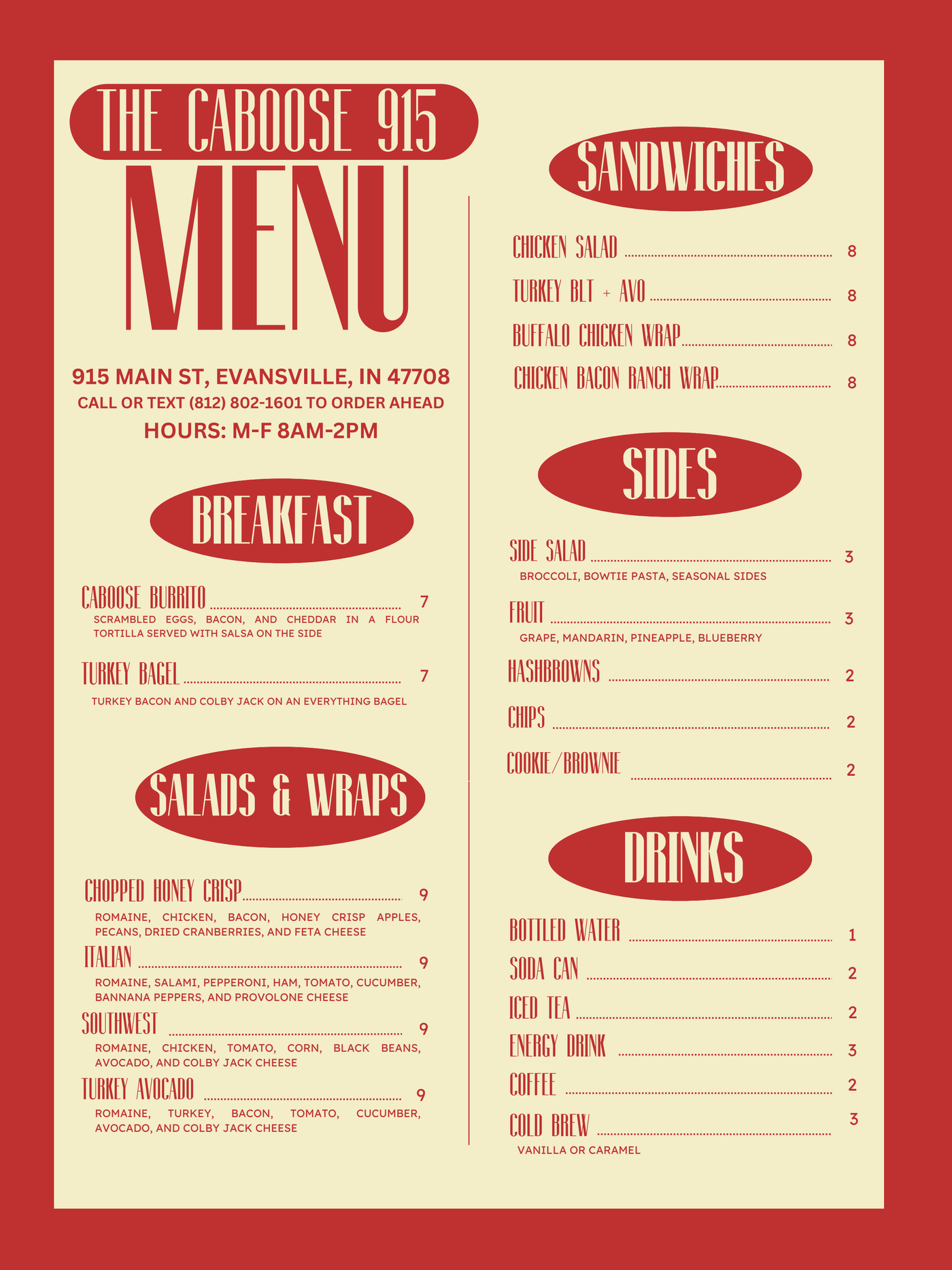 Printed menu for The Caboose 915 café in Evansville, Indiana